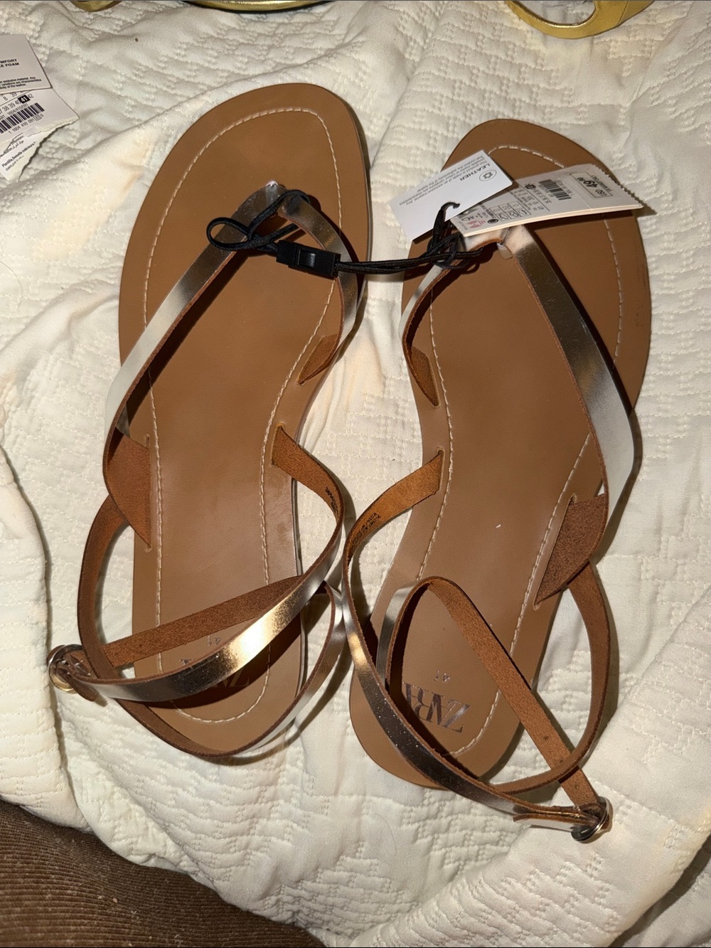 Zara Rose Gold & Tan Strappy Flat Sandals